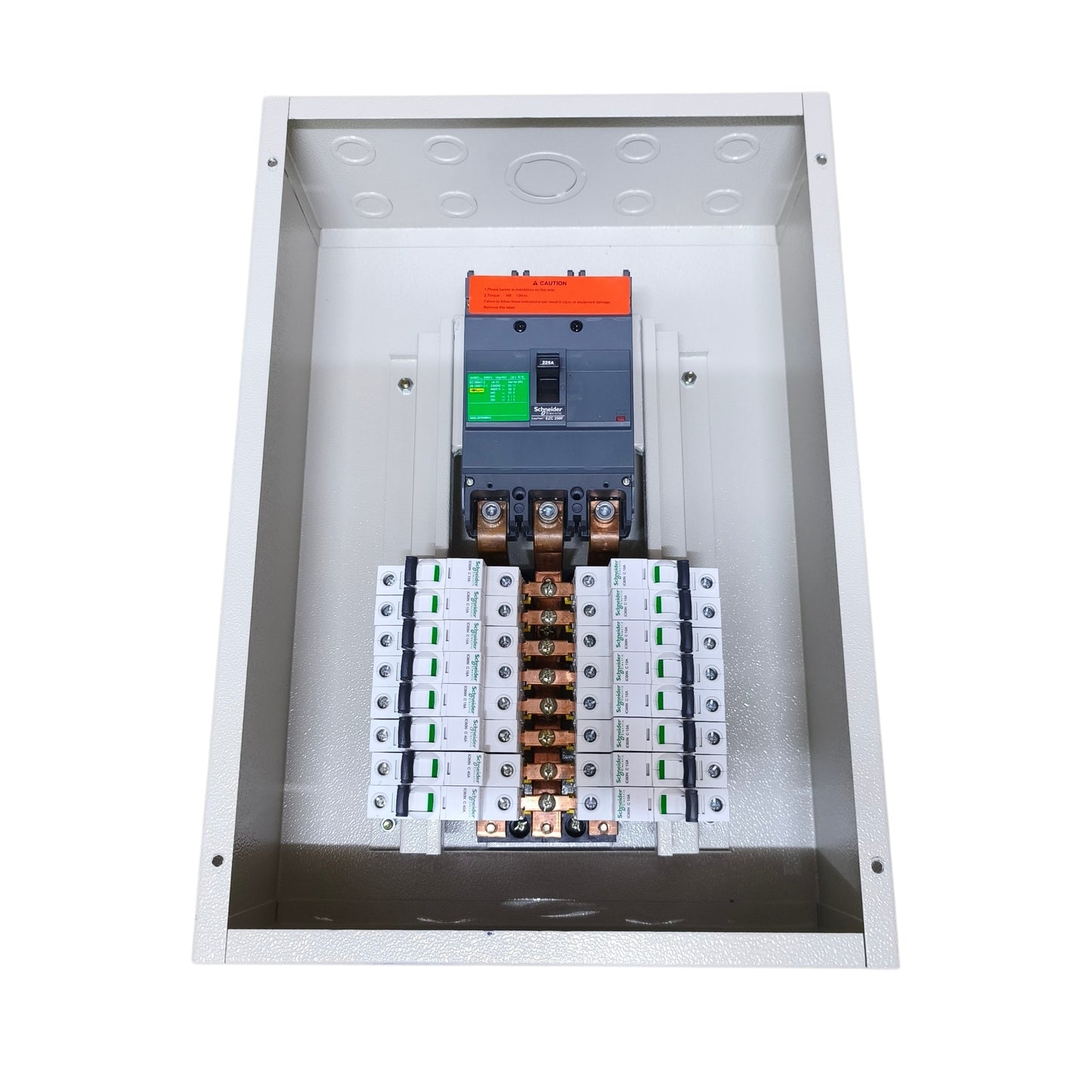 An open metal electrical distribution box containing a main circuit breaker, fuses, and multiple terminal blocks on a plain white background.
