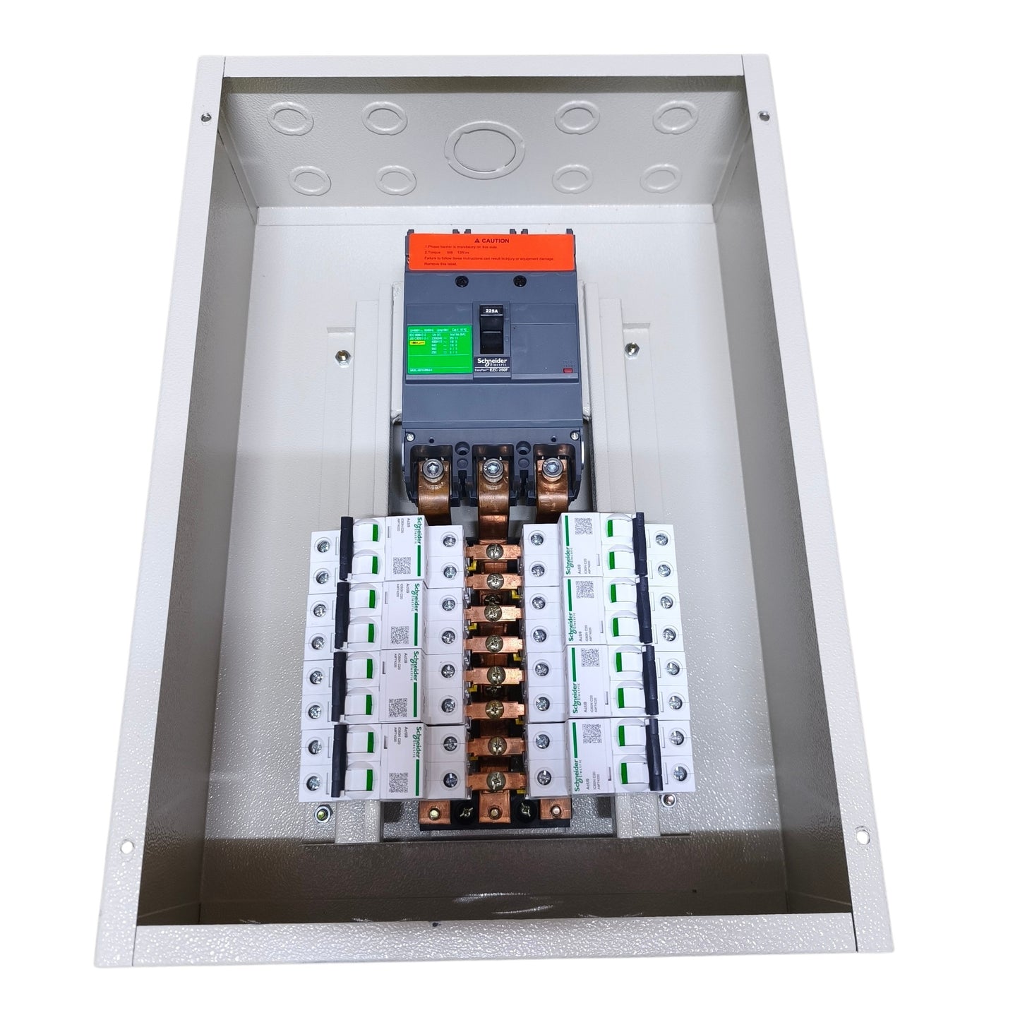 An open metal electrical panel containing a circuit breaker and multiple terminal blocks, photographed on a plain white background.