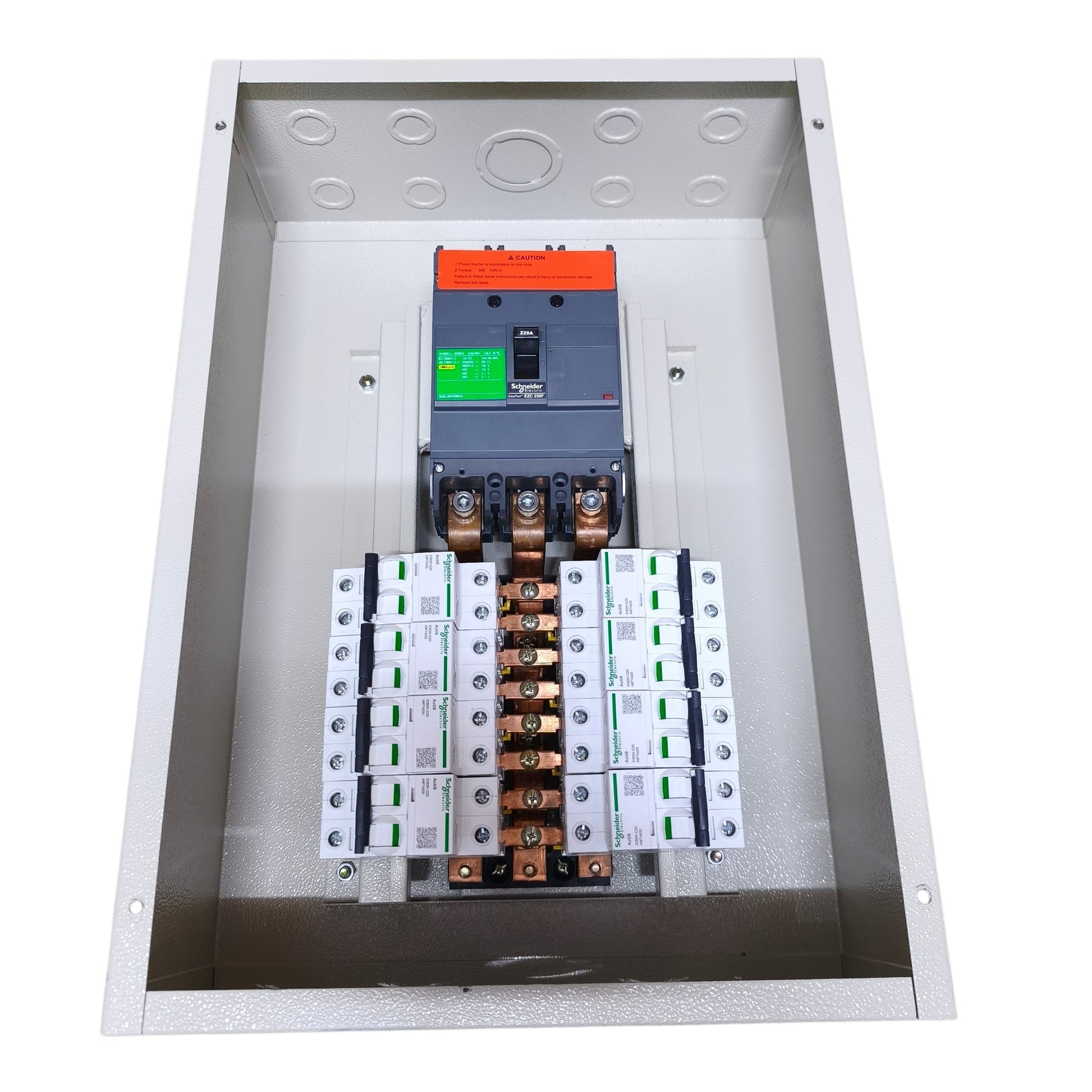 An open metal electrical panel containing a circuit breaker and multiple terminal blocks, photographed on a plain white background.