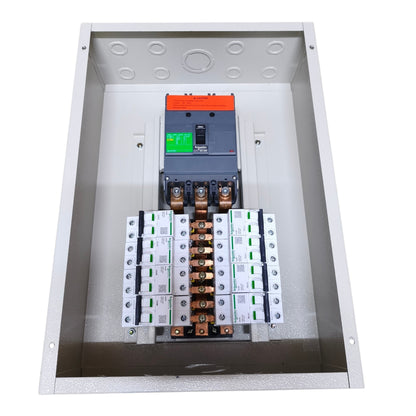 An open metal electrical panel containing a circuit breaker and multiple terminal blocks, photographed on a plain white background.