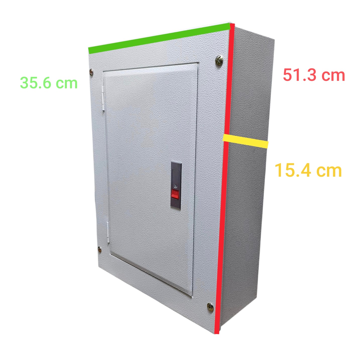 A gray metal electrical cabinet shown at an angle with dimension labels overlaid: 35.6 cm on the left, 51.