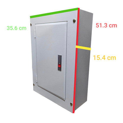 A gray metal electrical cabinet shown at an angle with dimension labels overlaid: 35.6 cm on the left, 51.