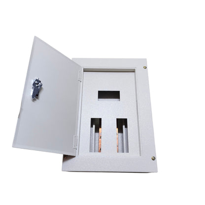 A white metal electrical distribution cabinet with its door open, showing internal bus bars and terminal connections, set against a plain white background.
