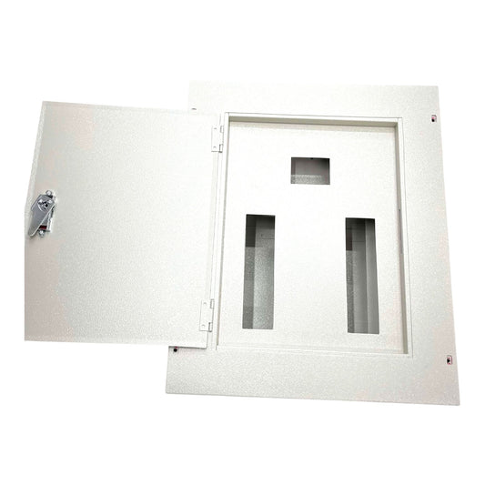 A white metal electrical distribution box with an open door, showing the interior mounting slots and a silver latch on the left side, set against a plain white background.