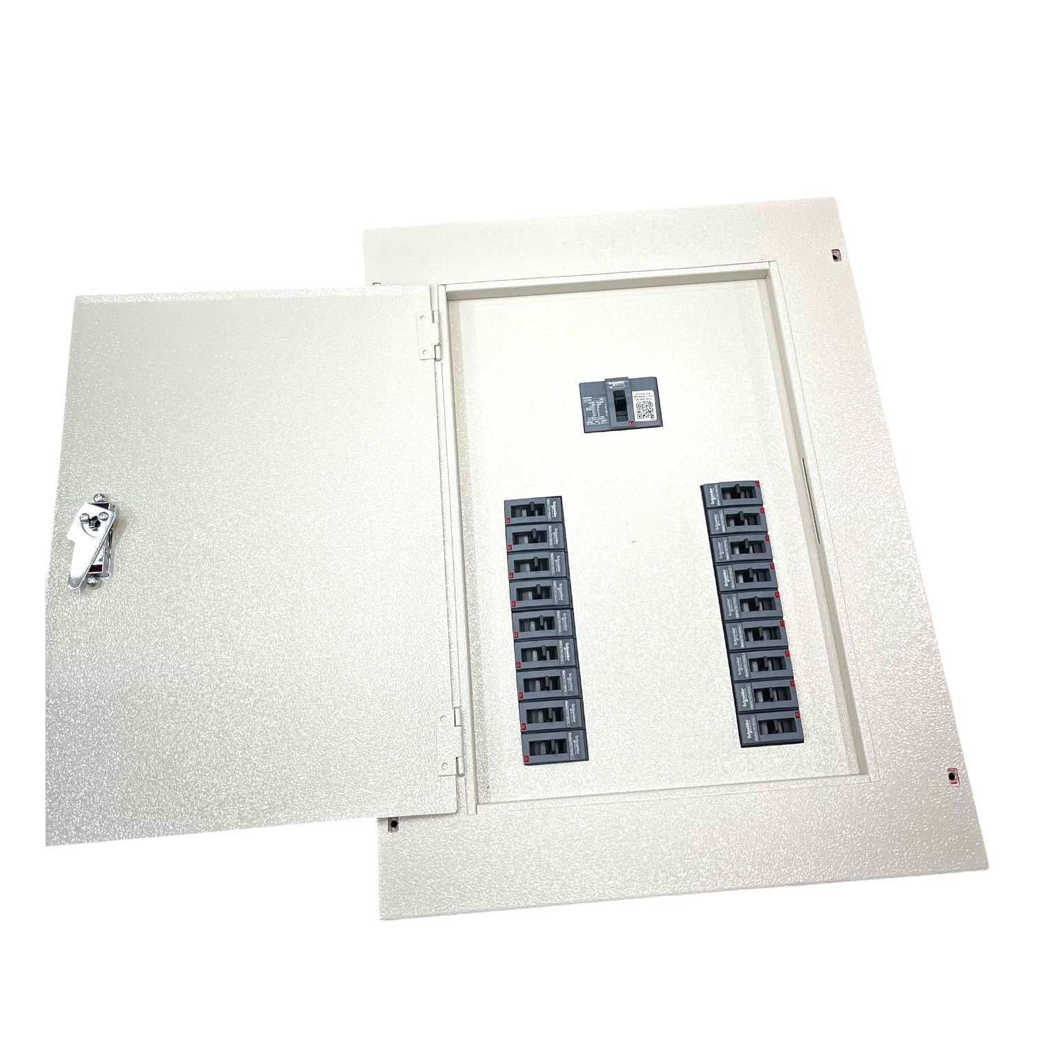 An open electrical panel box with a textured off-white metal exterior, a lock on the left door, and multiple dark gray circuit breakers arranged in two columns inside.