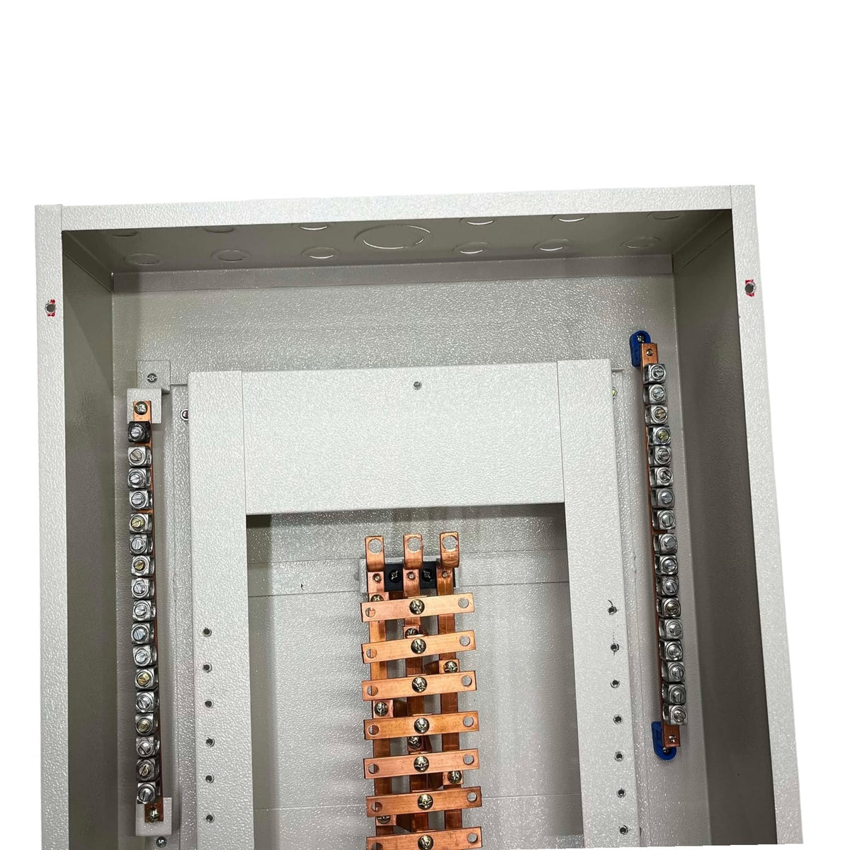 An open metal electrical distribution cabinet showing internal busbar terminals with copper-colored bus bars and silver screw connectors on a white background.