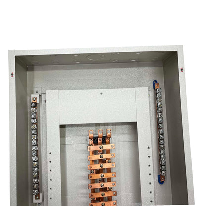 An open metal electrical distribution cabinet showing internal busbar terminals with copper-colored bus bars and silver screw connectors on a white background.