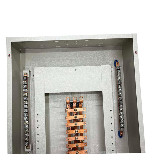 An open metal electrical distribution cabinet showing internal busbar terminals with copper-colored bus bars and silver screw connectors on a white background.