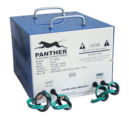 A Panther Stepped Down Transformer electrical device with a blue metal casing, white front panel, two metal handles on top, and green and black output cables in front, shown on a white background.