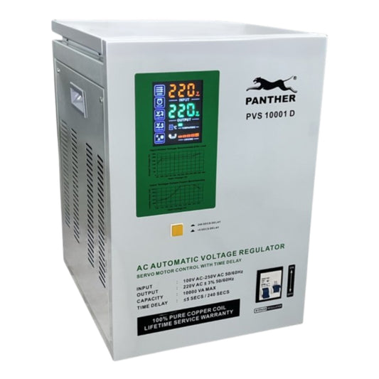 A white Panther PVS 10001 D AC Automatic Voltage Regulator with a green digital display screen on the front panel, set against a plain white background.