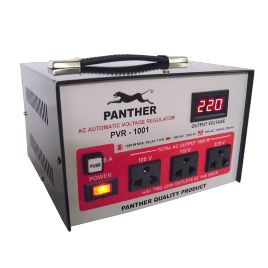 Panther PVR-1001 AC Automatic Voltage Regulator power supply unit, featuring a silver and black metal casing with a red front panel, digital output voltage display, and three power outlets.