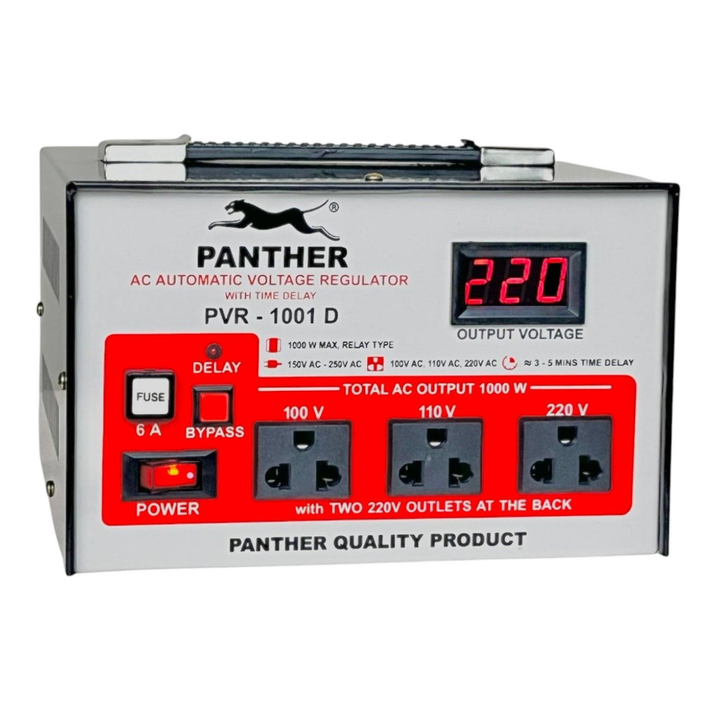 Panther PVR-1001D AC Automatic Voltage Regulator power supply, featuring a silver metal casing with a red front panel, four outlets, and a digital output voltage display showing 220V.