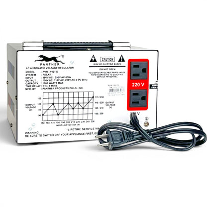 Panther Products P/N 1500 AC Automatic Voltage Regulator power strip with a black power cord, featuring a white front panel with red electrical outlet indicators and printed technical specifications.