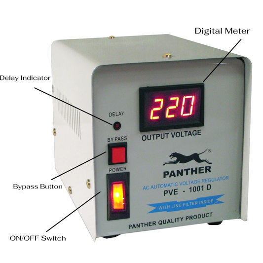 Panther PVE 1001 D AC Automatic Voltage Regulator with digital meter display, bypass button, and on/off switch, shown with callout labels on a white background.