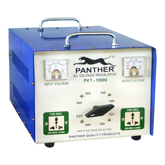 A blue and silver Panther AC Voltage Regulator (PVT-10000) on a white background, featuring dual analog meters, a black rotary switch, and green input/output specification labels.
