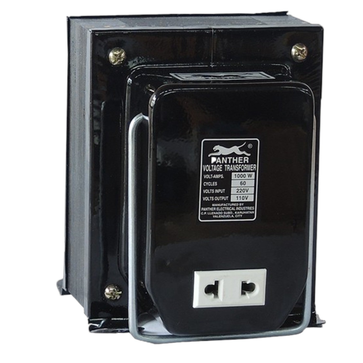 A Panther brand black voltage transformer with a metal handle, side mounting brackets, and a front outlet port, shown on a white background.