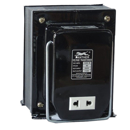 A Panther brand black voltage transformer with a metal handle, side mounting brackets, and a front outlet port, shown on a white background.