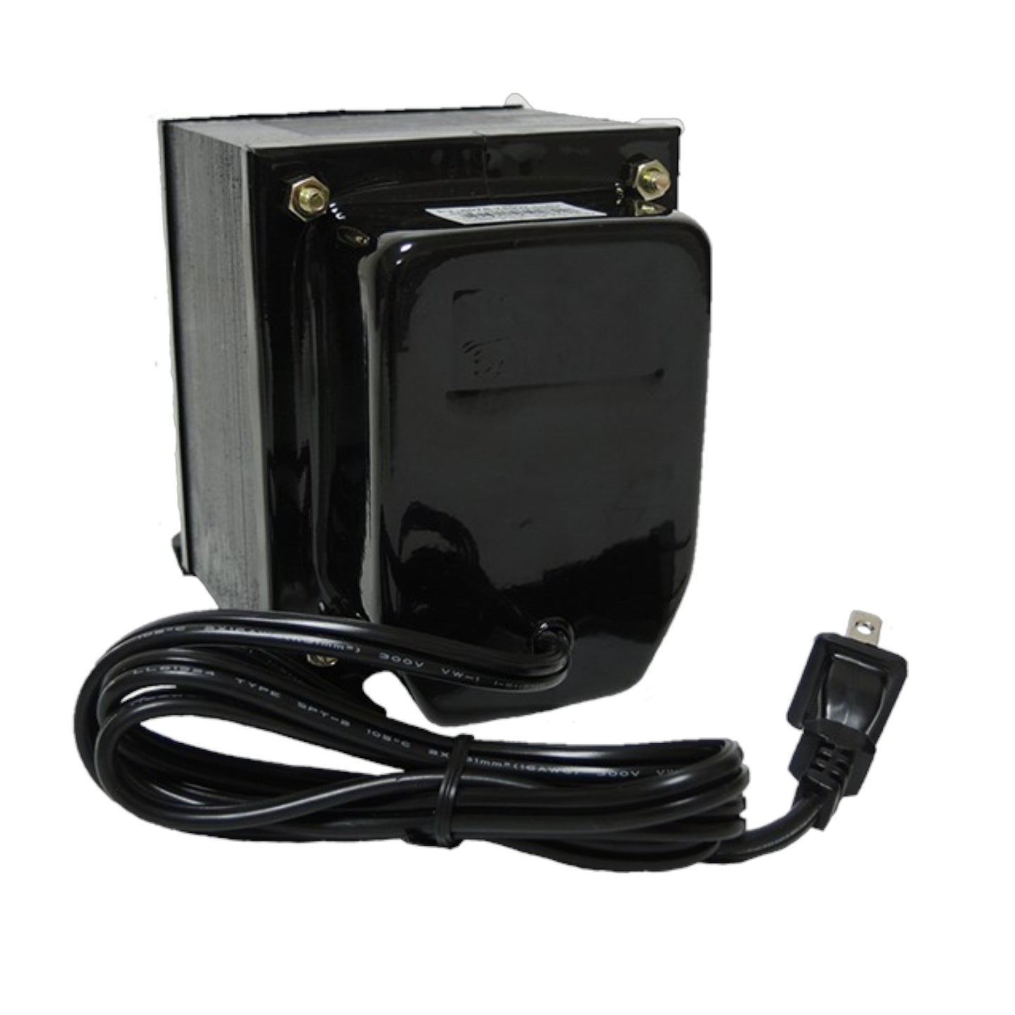 A black electrical transformer or power supply with a coiled power cord and a standard wall plug, shown against a plain white background.