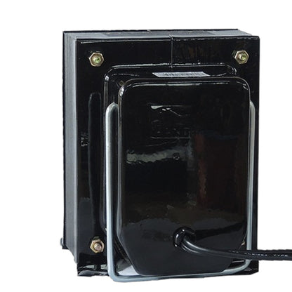 A black electrical transformer or power supply unit with a glossy finish, featuring mounting screws on the corners and a black cable exiting from the bottom right, set against a plain white background.