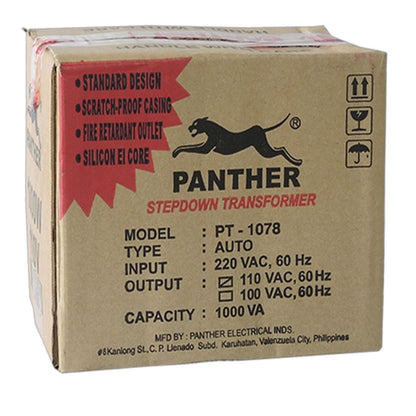 A cardboard box for a Panther Stepdown Transformer, model PT-1078. The box is brown kraft paper with black printed text and logo, and a red starburst on the left side listing features.