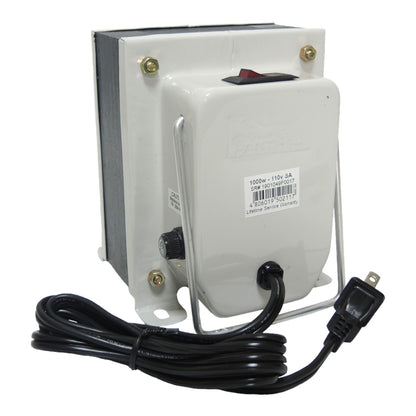 A white and gray electrical transformer with a black power cord, featuring a metal wire handle and a black switch on top, shown against a plain white background.