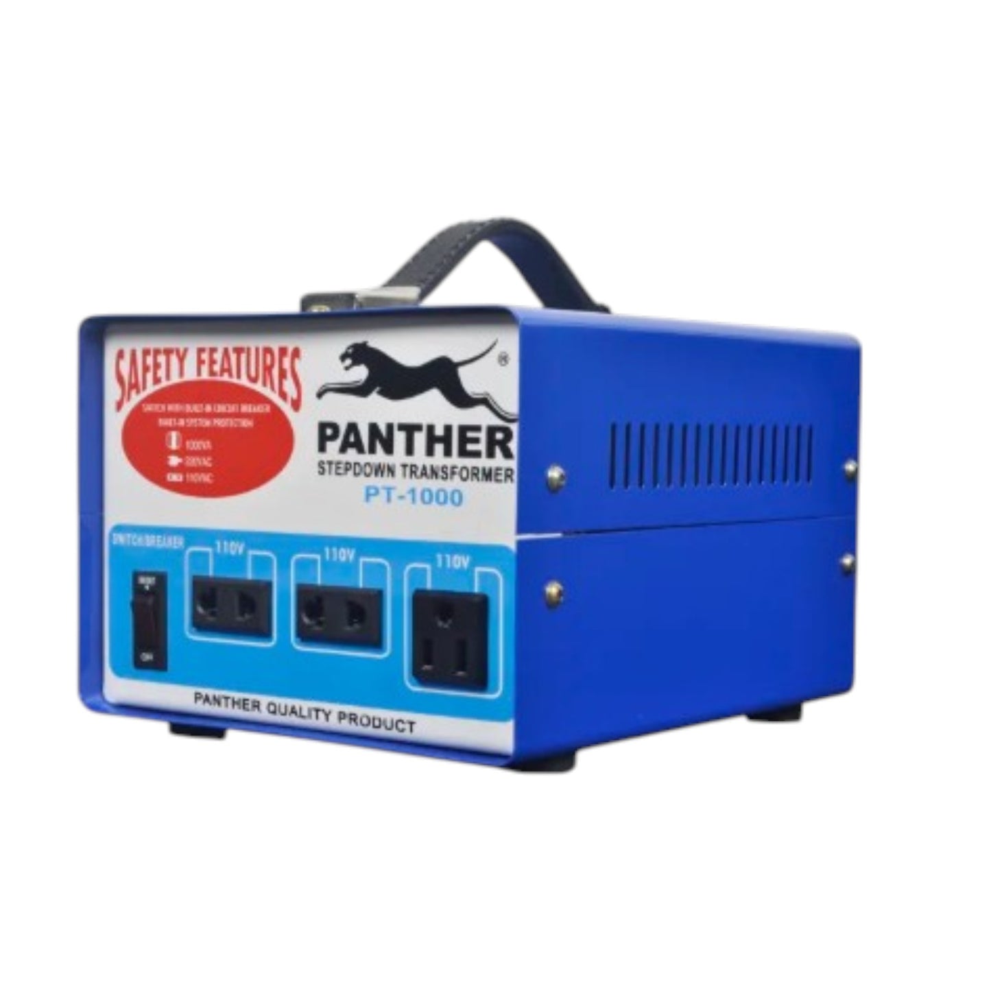 A blue Panther Stepdown Transformer PT-1000 power supply with three AC outlets on the front panel, a black carrying handle, and a white label with red and black graphics, shown on a plain white background.