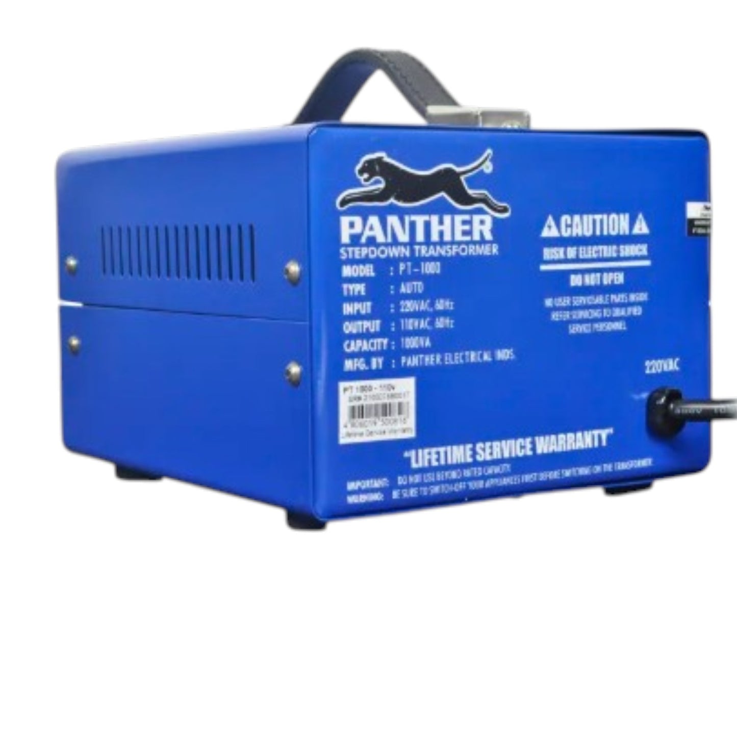 A blue Panther stepdown transformer with a black handle on top, black power cord, and white printed text and logo on the front and side, shown on a plain white background.