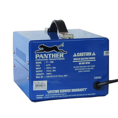 A blue Panther Stepdown Transformer PT-1000 electrical device with a black carrying handle and power cord, shown on a white background.