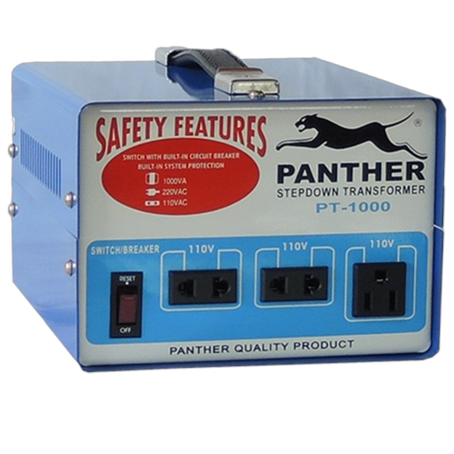 A blue and silver Panther Stepdown Transformer PT-1000 safety feature unit with a built-in handle, front switch, and three 110V outlets on a white background.