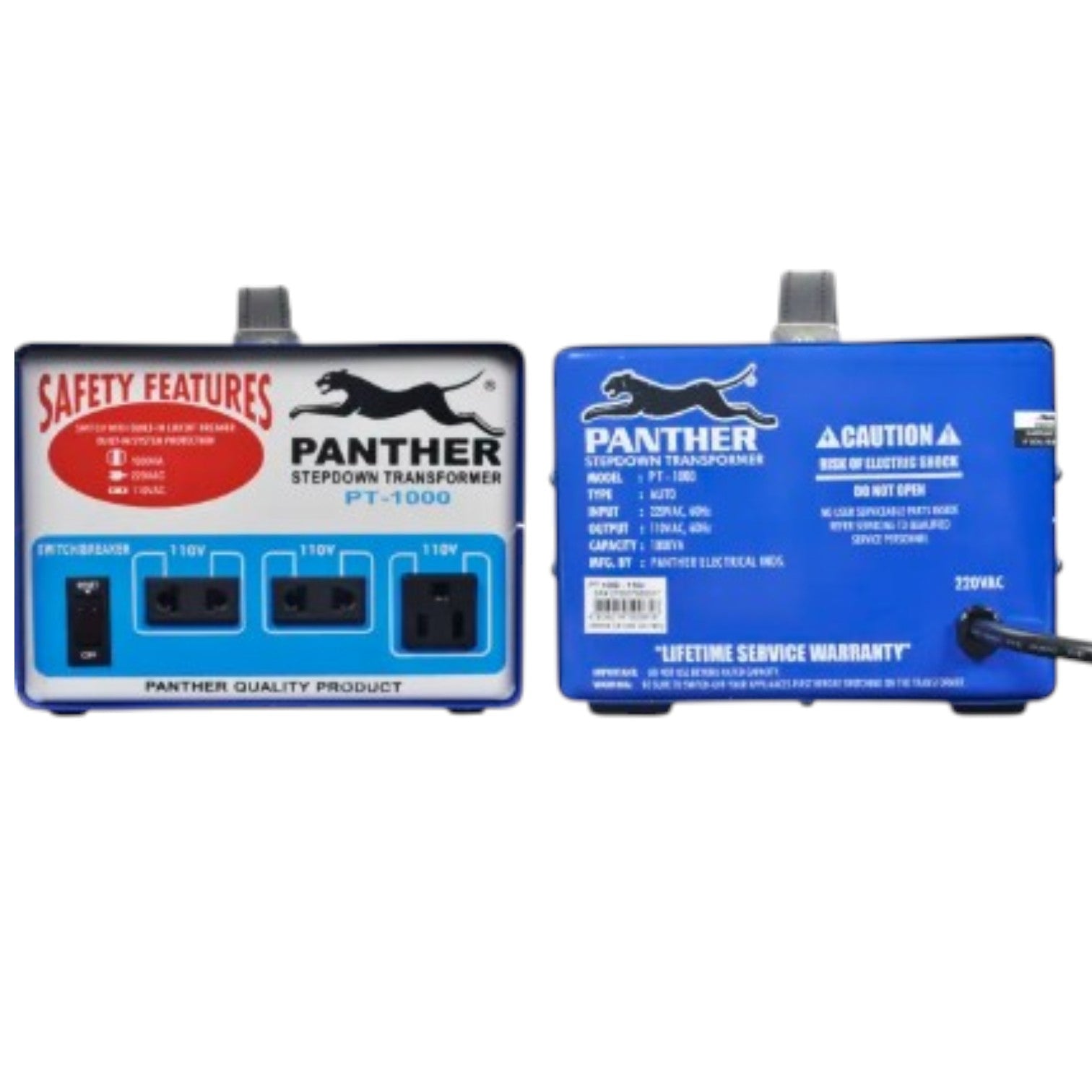 Two Panther brand stepdown transformers shown side by side on a white background, one with a white front panel and the other with a blue front panel, both showing electrical outlets and technical specifications.