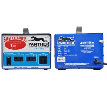 Two Panther brand stepdown transformers shown side by side on a white background, one with a white front panel and the other with a blue front panel, both showing electrical outlets and technical specifications.