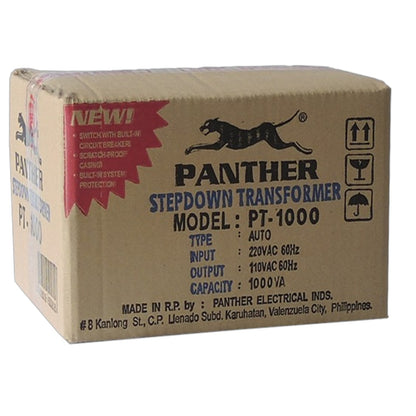 A brown cardboard shipping box for a Panther Electrical PT-1000 Stepdown Transformer, featuring black printed text and a black panther logo, with a red 'NEW!' burst on the left side.
