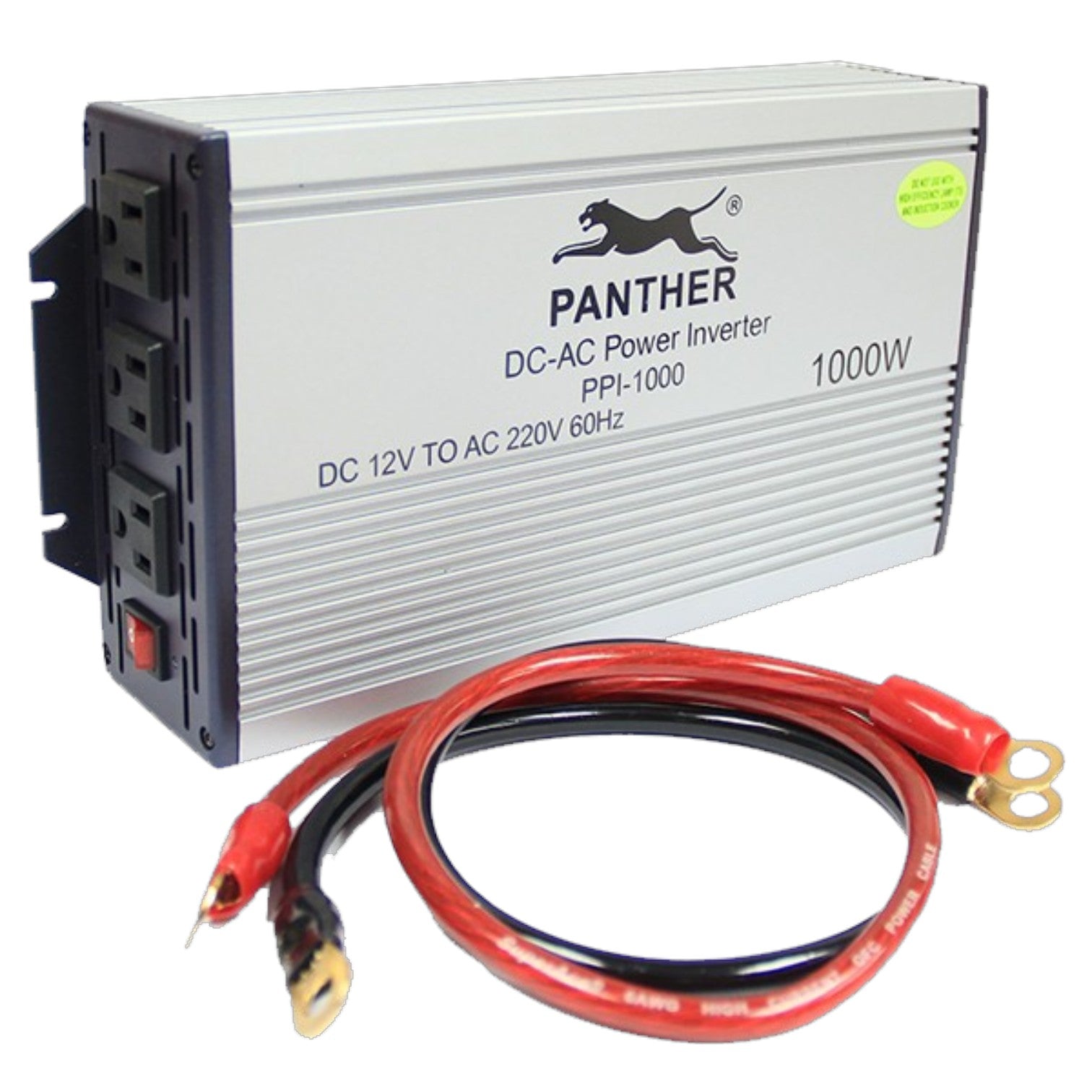 Panther PPI-1000 DC-AC power inverter with a silver metal casing, black side panel, red and black cables with gold banana plugs, shown on a white background.