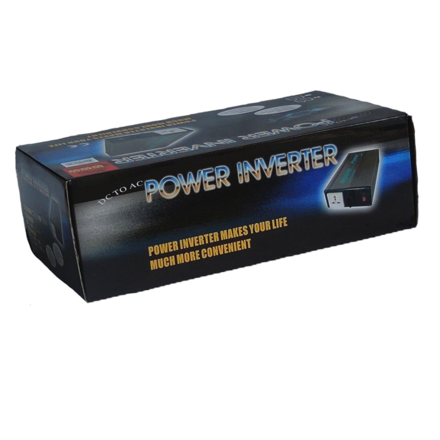 A 10-12V power inverter product box shown at an angle on a plain white background. The packaging is predominantly black with blue and gold text and graphics.