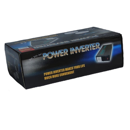 A 10-12V power inverter product box shown at an angle on a plain white background. The packaging is predominantly black with blue and gold text and graphics.