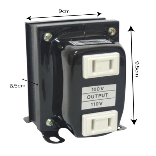 A black electrical transformer with white terminal blocks and printed specifications '100 V OUTPUT 110V' on the front, shown with dimension arrows and labels indicating 9cm width, 6.5cm side, and 9.
