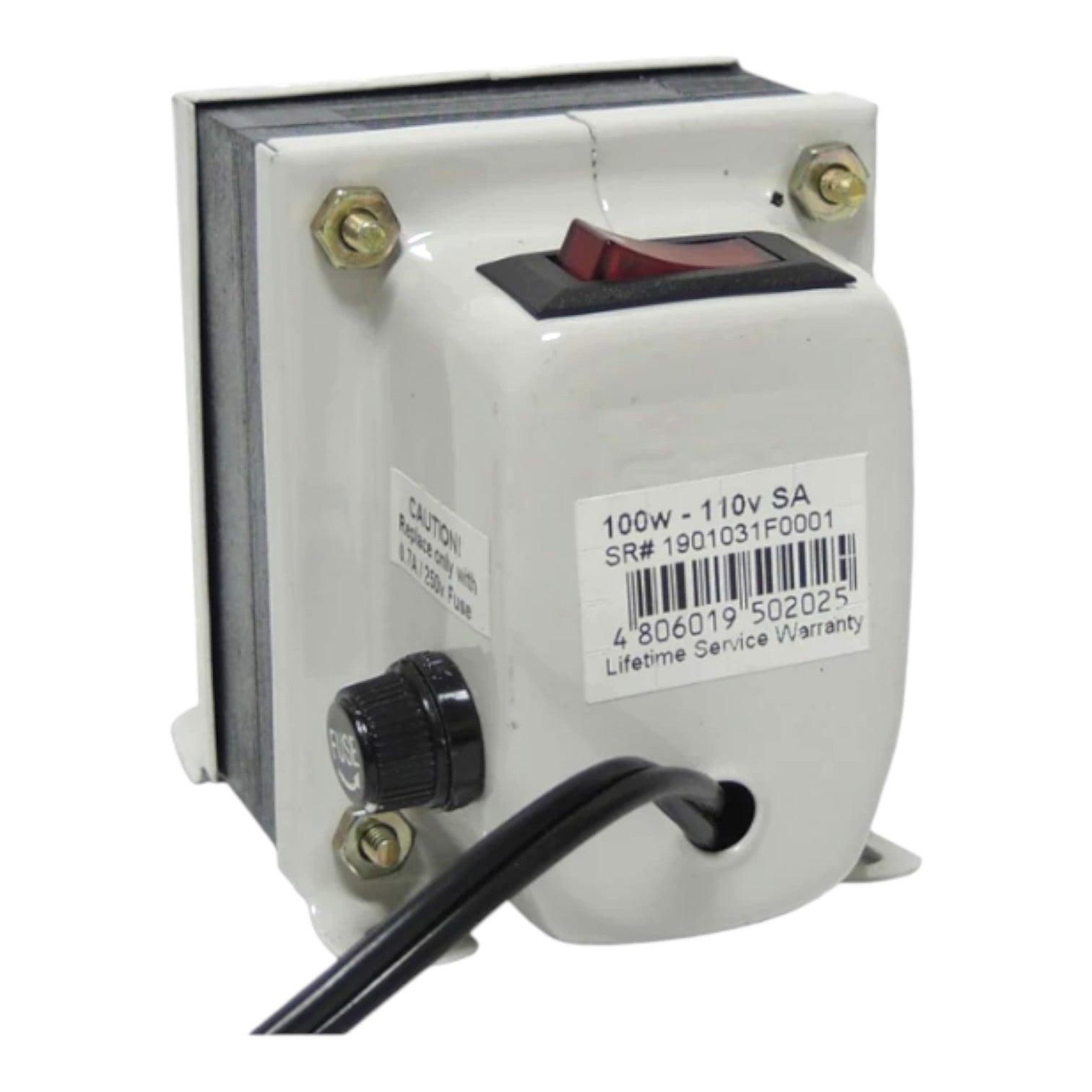 A 100W 110V SA step-down transformer with a white plastic housing, a red rocker switch, a black terminal screw, and a black power cord, shown on a white background.