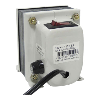 A 100W 110V SA step-down transformer with a white plastic housing, a red rocker switch, a black terminal screw, and a black power cord, shown on a white background.
