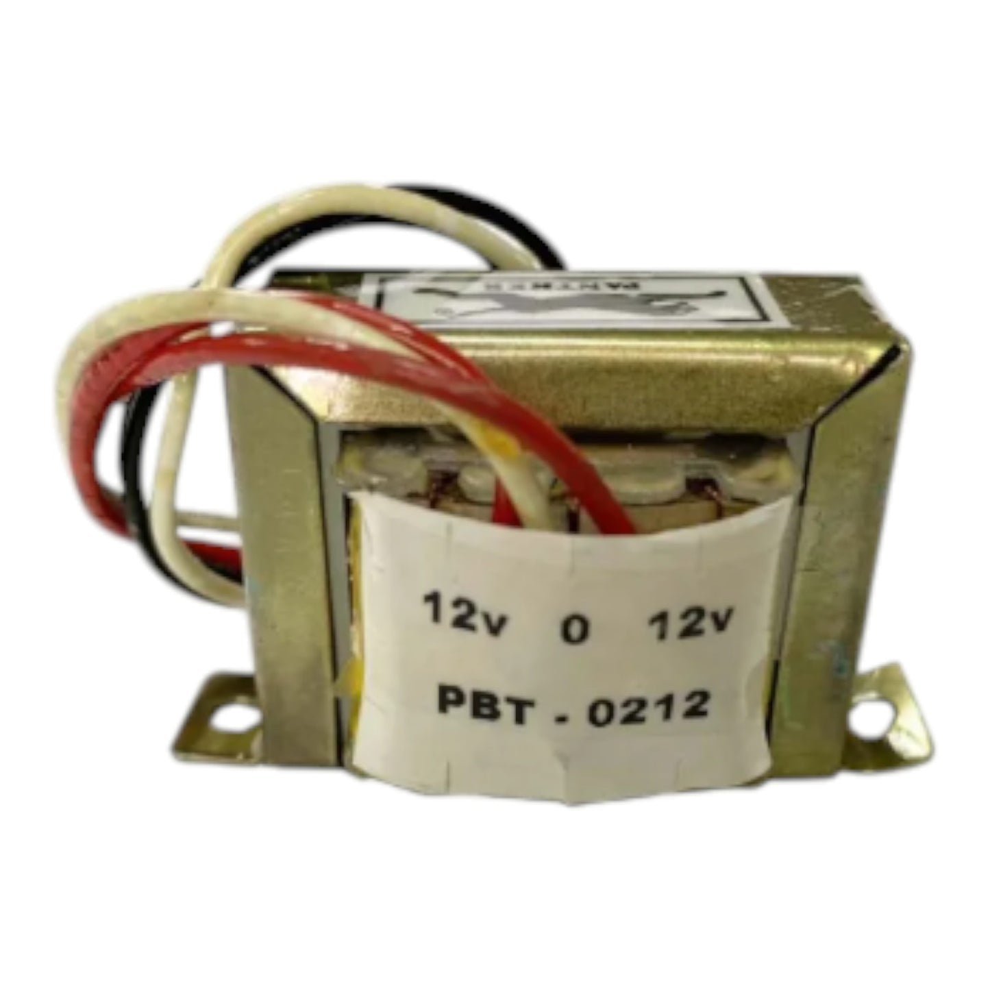 A small metal electronic transformer with attached wires, shown on a plain white background. The transformer has a brass-colored metal casing, a white tape label with '12V 0 12V' and 'PBT - 0212', and a top label that appears to read 'M.