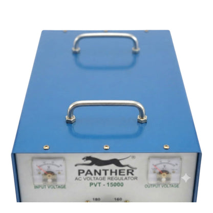 A blue metal AC voltage regulator box with two silver handles on top, featuring a front panel labeled 'PANTHER AC VOLTAGE REGULATOR' with two analog gauges and white faceplates.