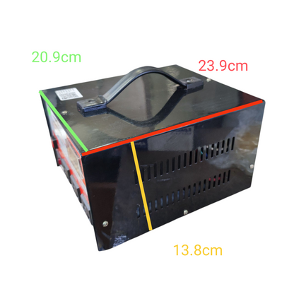 Black battery with measurements labeled on a white background Panther 1500W Automatic Voltage Regulator PVR-1500 Input 220V Output 100V 110V 220V Electx Electrical Supply