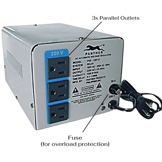 Panther brand 220V AC voltage regulator power supply with three parallel outlets, black power cord, and a fuse on the rear panel, shown with callout lines and text labels.