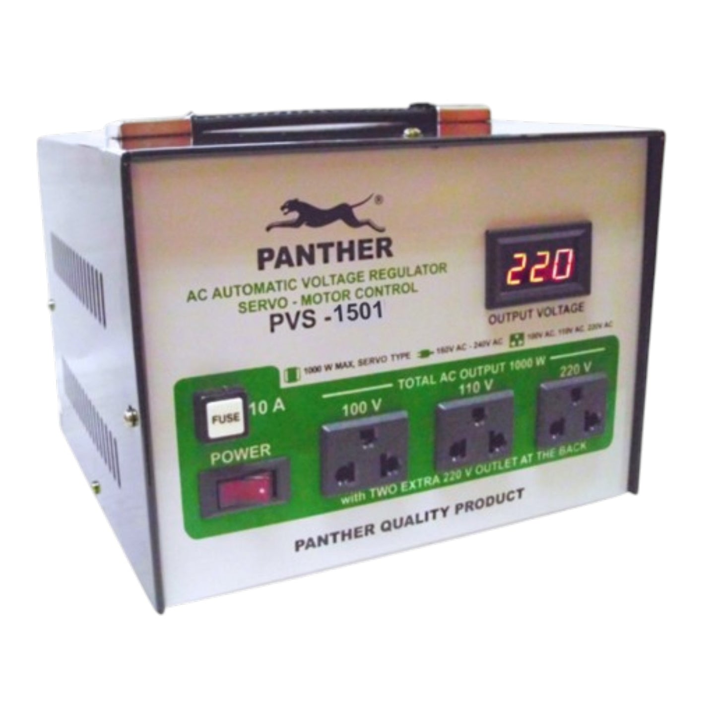 Panther PVS-1501 AC Automatic Voltage Regulator with a digital readout of 220V, featuring three outlets and a power switch on a white and green front panel.
