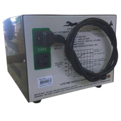 An industrial AC automatic voltage regulator power supply unit with a black power cord coiled on the front panel, featuring a green 220V input socket and technical specifications printed on the front.