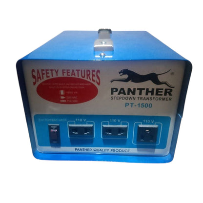A blue Panther Stepdown Transformer PT-1500 power supply unit with three 110V AC outlets on the front panel, set against a plain white background.