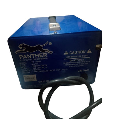A blue Panther stepdown transformer with a black power cord, shown on a plain white background.