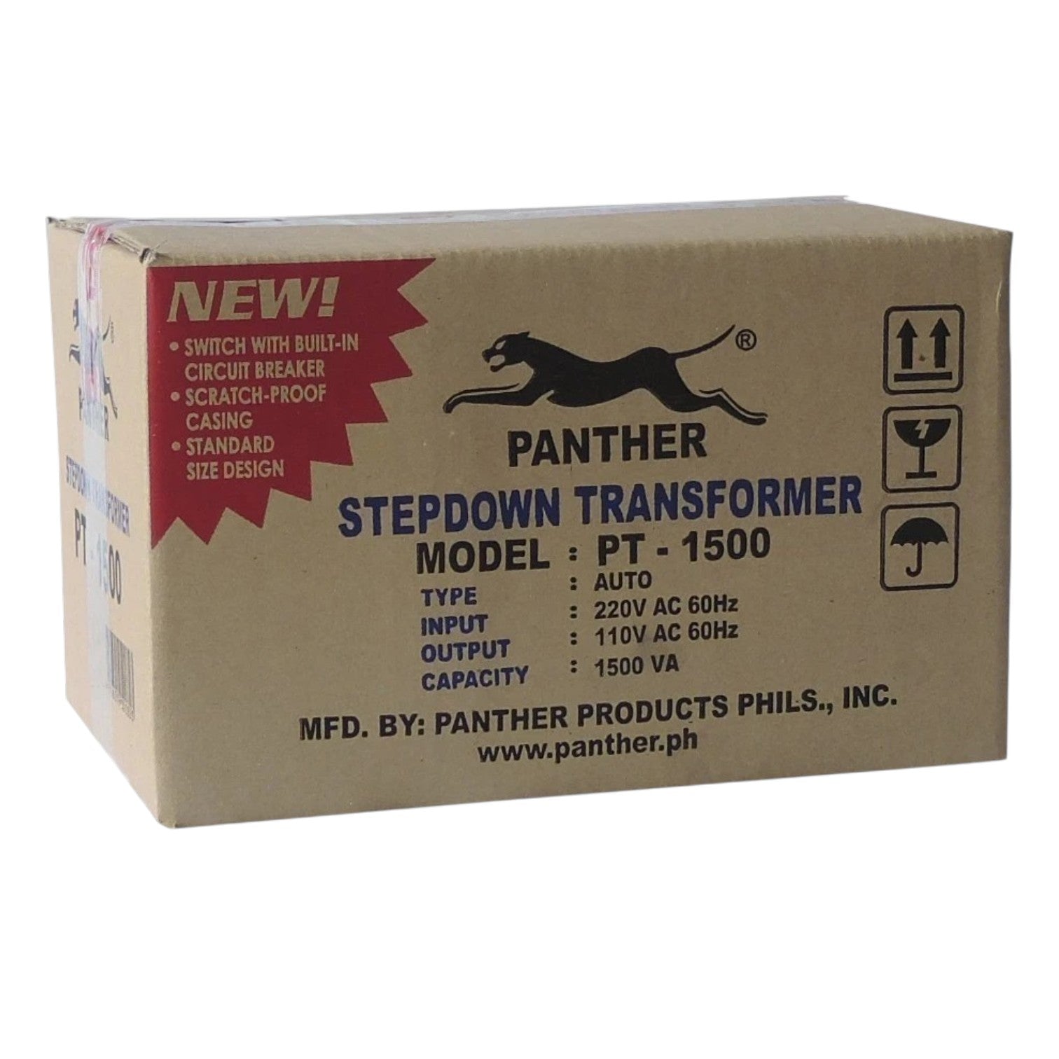 Panther Products PT-1500 Stepdown Transformer model PT-1500 cardboard packaging box, featuring a brown kraft paper exterior with black printed text, a black panther logo, and a red 'NEW!' burst on the left side.