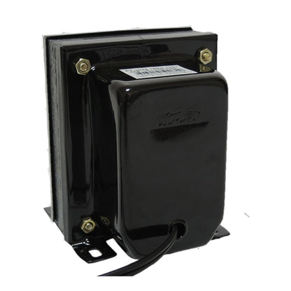 A black electrical transformer with a glossy finish, featuring brass-colored mounting screws and a black wire coming out from the bottom, set against a plain white background.