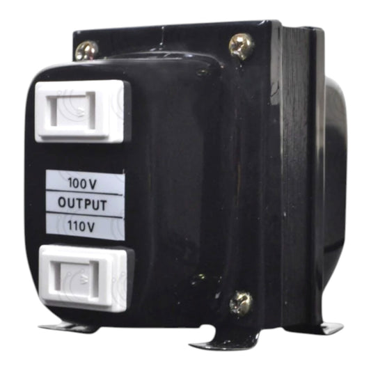 A black electrical transformer with white terminal blocks and a label showing '100 V OUTPUT 110V'.