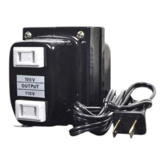 A black electrical transformer with a power switch, labeled '100V OUTPUT 110V', shown with its attached power cord and plug on a white background.